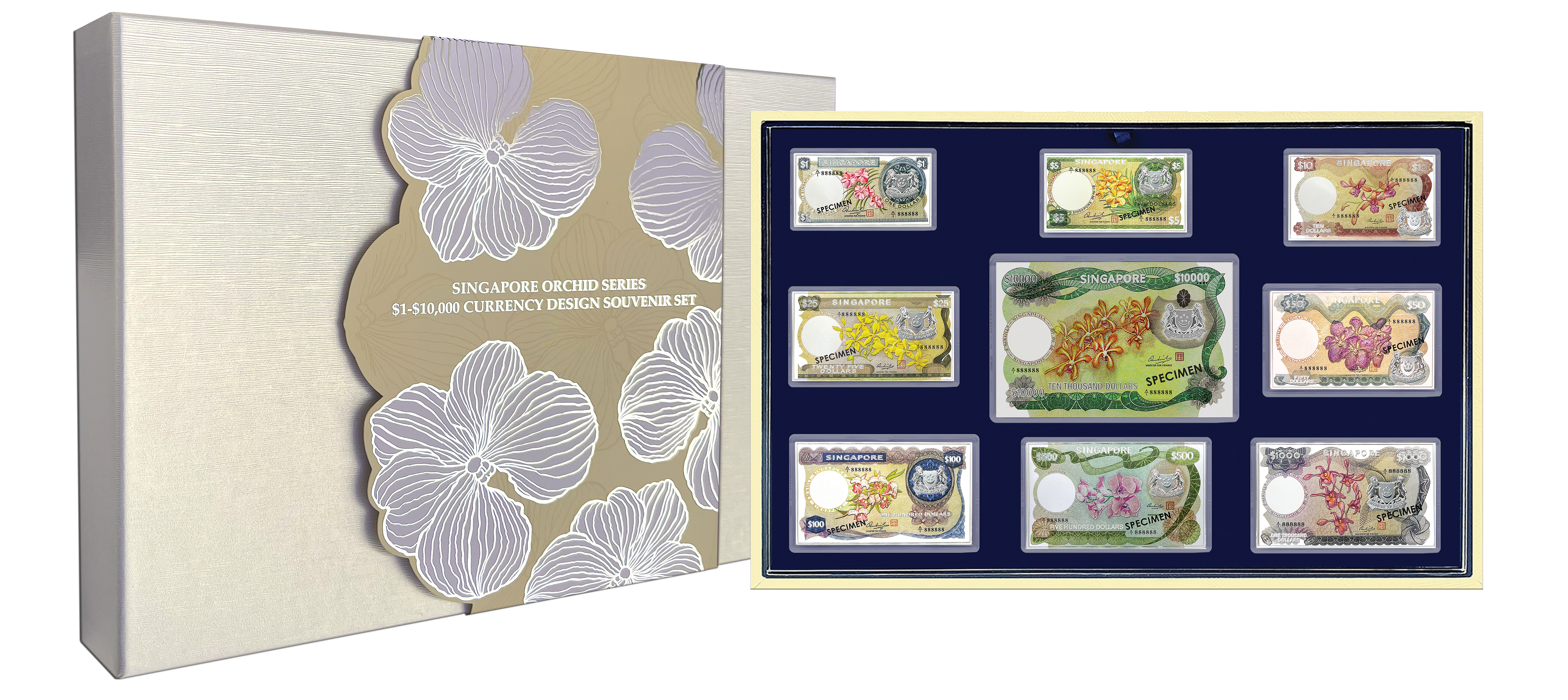 Singapore Orchid Series $1-$10,000 Currency Design - 9-in-1 999 Fine Silver Sheet Souvenir Set